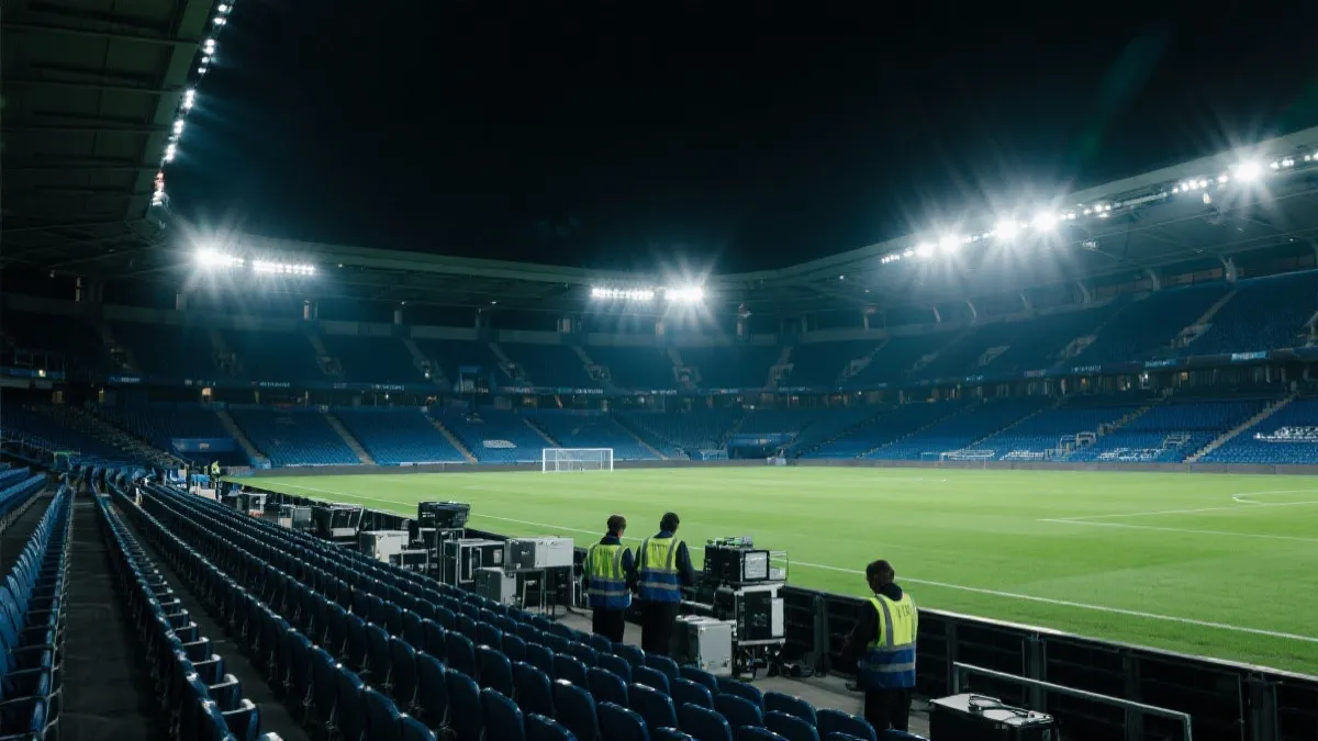 夜间球场内部视角：灯光测试、空座看台、工程人员在场地边缘检查设备，纪录片风格