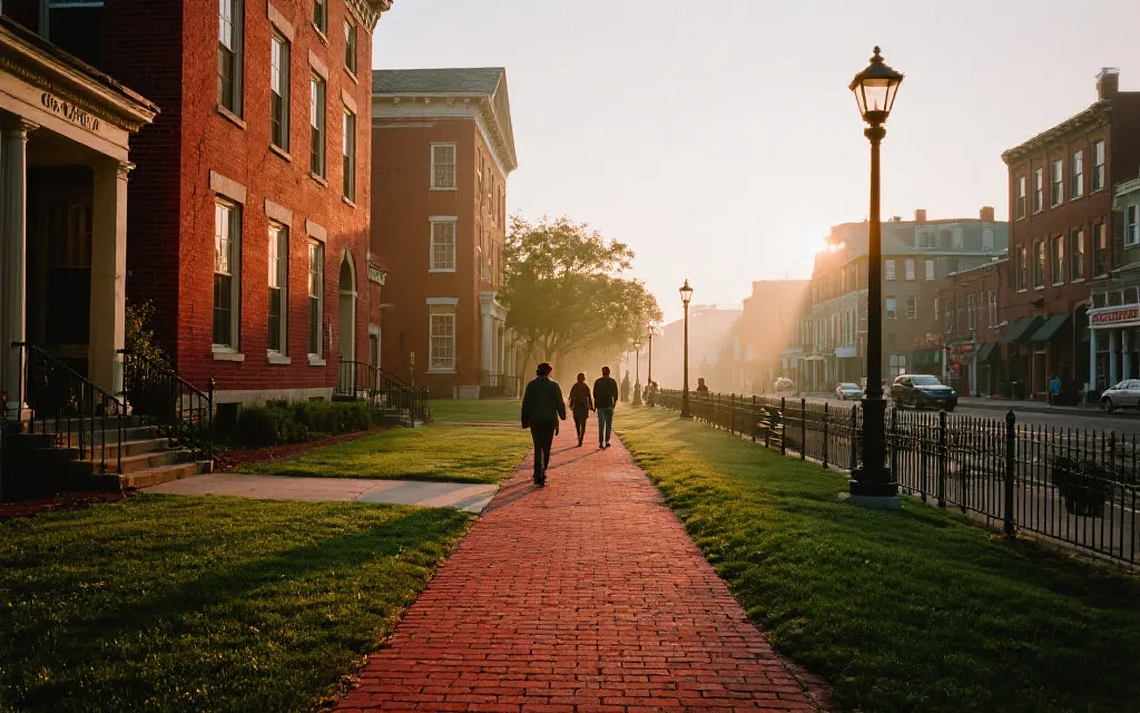 波士顿自由之路红砖街道与历史建筑的清晨氛围，适合世界杯赛前漫步