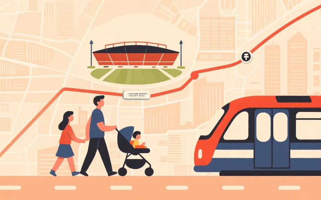 家庭从公寓出发到球场的城市动线示意：推婴儿车、地铁与步行
