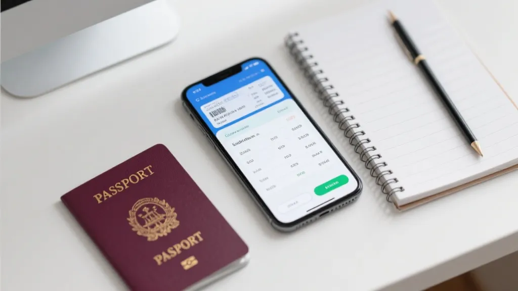 手机展示电子票与行程清单的平铺画面，旁边有护照与笔记本，风格干净理性