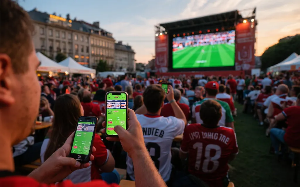 球迷在城市公共观赛区与移动端同步观看世界杯的场景